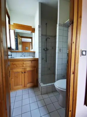 a bathroom with a shower and a sink and a toilet at MAGNIFIQUE Appart/ 8 pers / 4 ch / Jardin / Vue MB in Megève