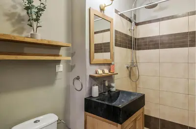 a bathroom with a black sink and a shower at Au Petit Bois in Chamonix-Mont-Blanc