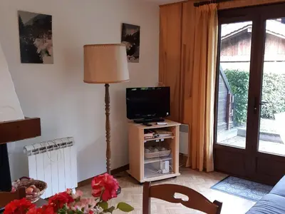 a living room with a tv and a lamp at T2 rez-de-jardin Chamonix avec parking et vue Mont Blanc - FR-1-517-65 in Chamonix-Mont-Blanc