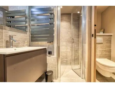 a bathroom with a shower and a sink and a toilet at Luxurious 4-room with pool, gym, spa and parking in Megève