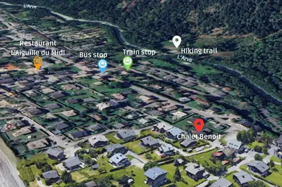 a map of a residential area with buildings and icons at Chalet Benoit - Modern Chalet 8 Pax Free Parking Mountain View - By Cozee Rentals in Chamonix-Mont-Blanc