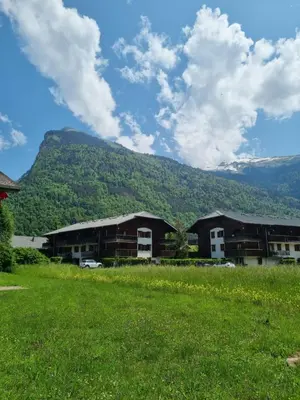 a couple of buildings in front of a mountain at LE GRAND TETRAS in Samoëns