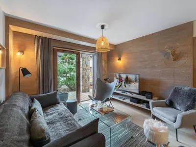 a living room with a couch and two chairs at Appartement cosy à Rochebrune, piscine et parking - FR-1-569-58 in Megève