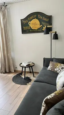 a living room with a couch and a coffee table at STUDIO DENT DU CAIMAN, CHAMONIX hyper CENTRE, PARKING, VUE MONT BLANC in Chamonix-Mont-Blanc