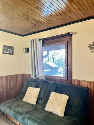 a green couch in a room with a window at Le Chaney - T2 dans chalet - Massif du Mont-Blanc in Chamonix-Mont-Blanc