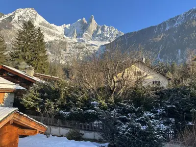 a snow covered mountain in the distance with houses and trees at Le Chaney - T2 dans chalet - Massif du Mont-Blanc in Chamonix-Mont-Blanc