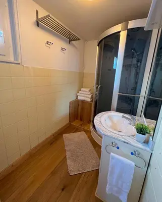 a bathroom with a sink and a shower at Appartement 2pieces Hyper Centre Les Houches, proche Chamonix in Les Houches