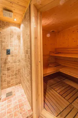 a wooden sauna with a walk in shower at Les Mules in Combloux