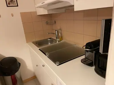 a kitchen counter with a sink and a microwave at Studio montagne Demi Quartier in Demi-Quartier