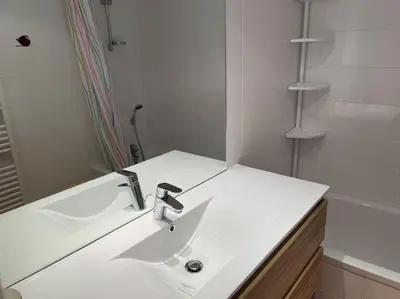 a white bathroom with a sink and a shower at Studio montagne Demi Quartier in Demi-Quartier