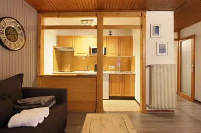 a living room with a couch and a kitchen at L'Aiguille - Center of Chamonix - View Mont-Blanc in Chamonix-Mont-Blanc
