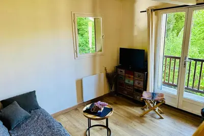 a living room with a couch and a tv at Apt with nice view near the center of Chamonix in Chamonix-Mont-Blanc