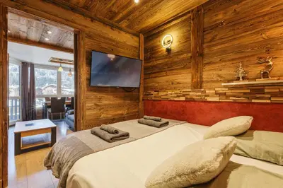a bedroom with two beds and a flat screen tv at Le Nid d'Aigle - Modern Apartment Next to Ski lift Prarion - By Cozee Rentals in Les Houches
