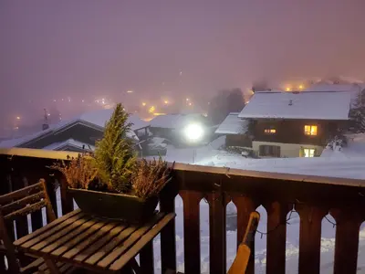 a balcony with a bench and a potted plant in the snow at Studio avec petit balcon et cheminée - Grand Massif in Les Carroz d'Araches