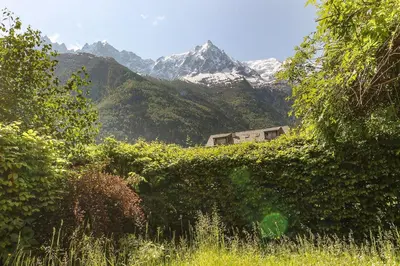 a view of a mountain with a house and trees at Les Alpins - Centre de Chamonix - Rénové avec Jardin et vue imprenable sur le MontBlanc in Chamonix-Mont-Blanc