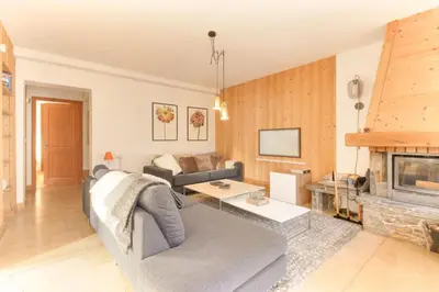 a living room with a couch and a fireplace at Les Alpins - Centre de Chamonix - Rénové avec Jardin et vue imprenable sur le MontBlanc in Chamonix-Mont-Blanc
