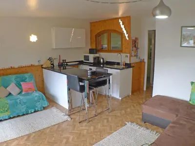 a living room with a table with chairs and a couch at Studio lumineux pour 4 pers, animaux admis, wifi inclus, au centre de Samoëns - FR-1-629-120 in Samoëns