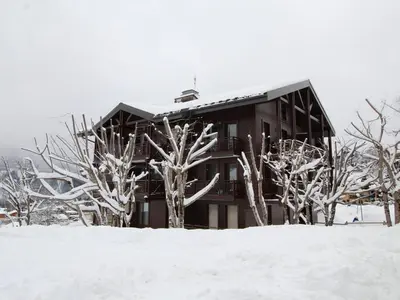 a building in the snow with trees in the foreground at Studio spacieux 4 pers : parking, lave-vaisselle, proche télécabine - FR-1-572-108 in Arâches-la-Frasse