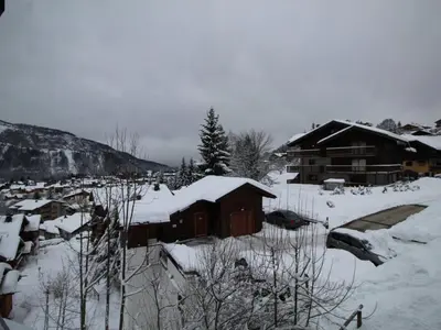 a snow covered village with a building and trees at Studio spacieux 4 pers : parking, lave-vaisselle, proche télécabine - FR-1-572-108 in Arâches-la-Frasse