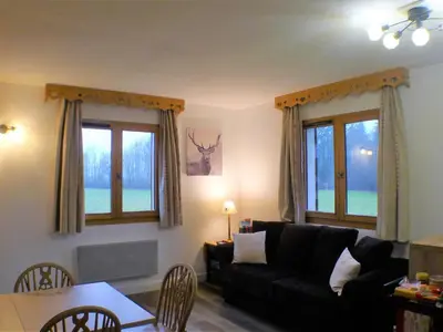 a living room with a couch and two windows at Appartement 2 pièces avec balcon à Samoëns, parking inclus - FR-1-629-121 in Samoëns
