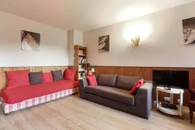 a living room with a couch and a tv at Les Pècles Mt Blanc - Chamonix Center in Chamonix-Mont-Blanc