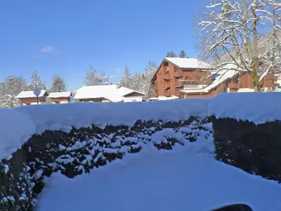 a garden covered in snow with a house in the background at Appartement cosy à Samoëns avec terrasse et parking - FR-1-629-72 in Samoëns