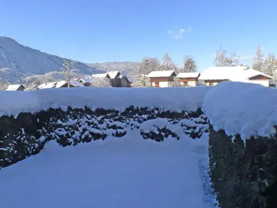 a hedge covered in snow with houses in the background at Appartement cosy à Samoëns avec terrasse et parking - FR-1-629-72 in Samoëns