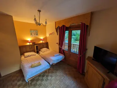 a bedroom with two twin beds and a television at le jardin de talèfre in Chamonix-Mont-Blanc