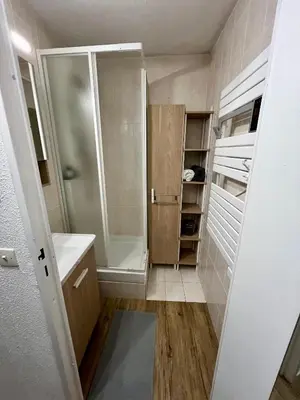 a small bathroom with a shower and a sink at Samoens 1600, ski au pied in Samoëns
