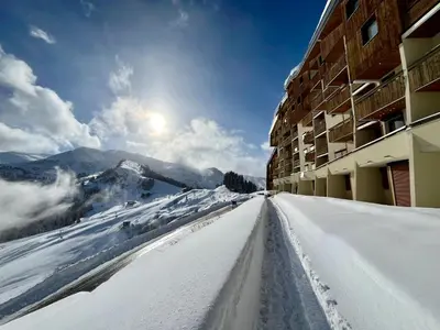a view of a snow covered mountain from a hotel at Samoens 1600, ski au pied in Samoëns