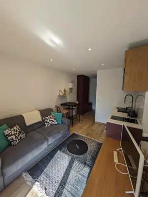 a living room with a gray couch and a kitchen at Le Sasha in Chamonix-Mont-Blanc