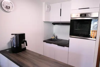 a kitchen with a counter with a coffee maker and a microwave at Résidence Hameau De Coterat - Hameau de Coterat 11 MAE-2524 in Saint-Gervais-les-Bains