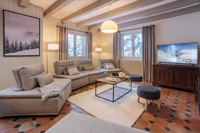 a living room with a couch and a tv at Chalet le Tricouni in Chamonix-Mont-Blanc