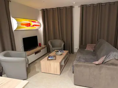 a living room with a couch and a tv at Residencecalou in Saint-Gervais-les-Bains