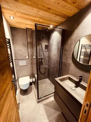 a bathroom with a shower and a toilet and a sink at Romy appartement centre village in Megève