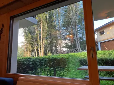 a window with a view of a yard at Le cocon du Bettex 1400 - Cozy Apt near Mont Blanc in Saint-Gervais-les-Bains