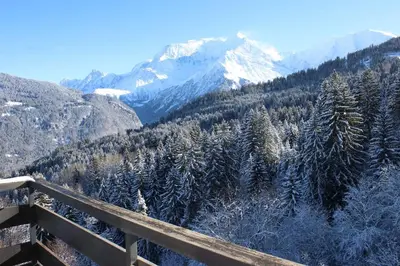 a view of a snow covered forest with mountains at Le Cristal du Mont-Blanc in Saint-Gervais-les-Bains