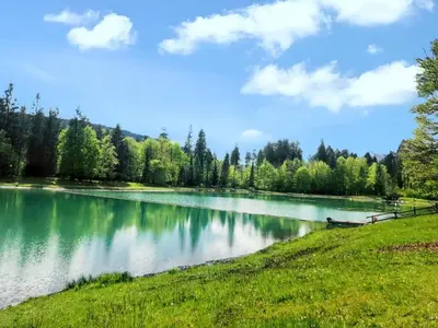 a lake with a boat in the middle of a field at Appartement cosy à Samoëns de 57 m² avec balcon. in Samoëns