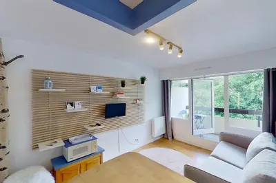 a living room with a couch and a tv at Studio moderne de 18m2 aux carroz d'arâches in Les Carroz d'Araches