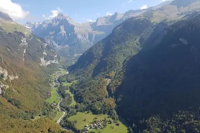 an aerial view of a valley in the mountains at Gîte Ferme Sixt-Fer-à-Cheval in Sixt