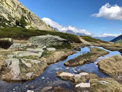 a river on a mountain side with rocks andgrass at Chez Charles I Vallorcine Viachamonix in Vallorcine