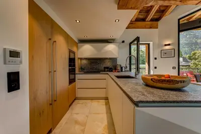 a kitchen with a counter with a bowl on it at Chalet Red Fox in Chamonix-Mont-Blanc