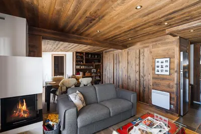 a living room with a couch and a fireplace at Flat Simba - Megève - Mont d'Arbois in Megève