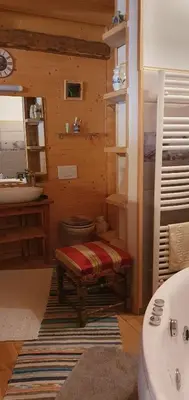 a bathroom with a bench with a toilet and a sink at Ferme savoyarde rénovée 2 chambres in Les Carroz d'Araches