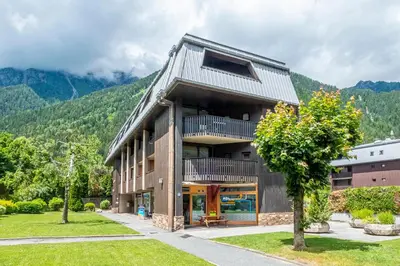a house in the mountains with a tree at Superbe appartement avec parking gratuit en centre ville et aux pieds des pistes in Chamonix-Mont-Blanc