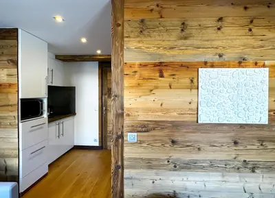 a living room with a wooden wall at Pti bout villlage Megeve in Megève