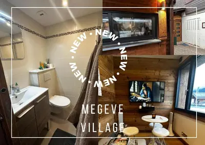 a collage of pictures of a bathroom with a sink at Pti bout villlage Megeve in Megève