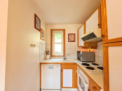a small kitchen with a sink and a stove at Résidence Hameau - Chalet confortable · Poêle à bois · Terrasse · Garage · WIFI gratuit MAE-8714 in Magland