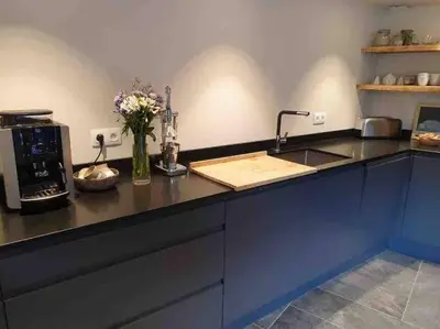 a kitchen with a sink and a counter with flowers at LE REFUGE DE LUCE in Saint-Gervais-les-Bains