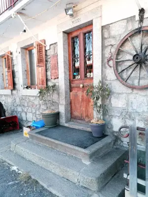 a house with a wooden door and potted plants on the steps at chalet Mont-Blanc in Combloux